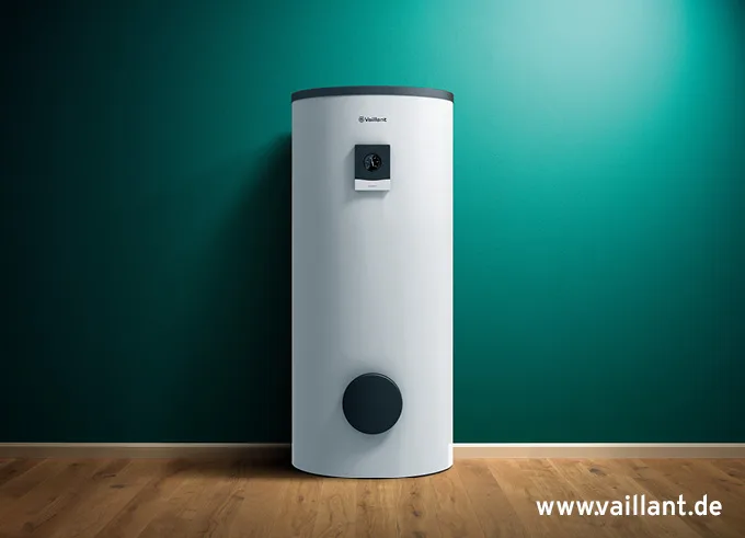 Vaillant uniSTOR plus Warmwasserspeicher vor grüner Wand mit Holzfußboden